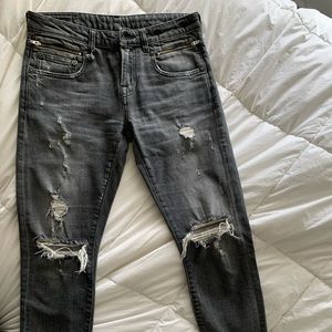 R13 distressed grey/black straight leg jeans